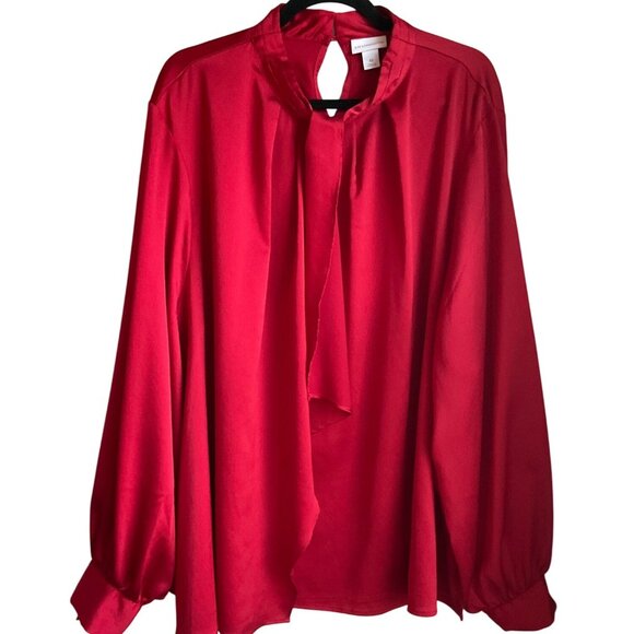Liz Claiborne 4X Red Long Sleeve Blouse Top Overlay Ruffle Satin Old Money - Picture 1 of 13